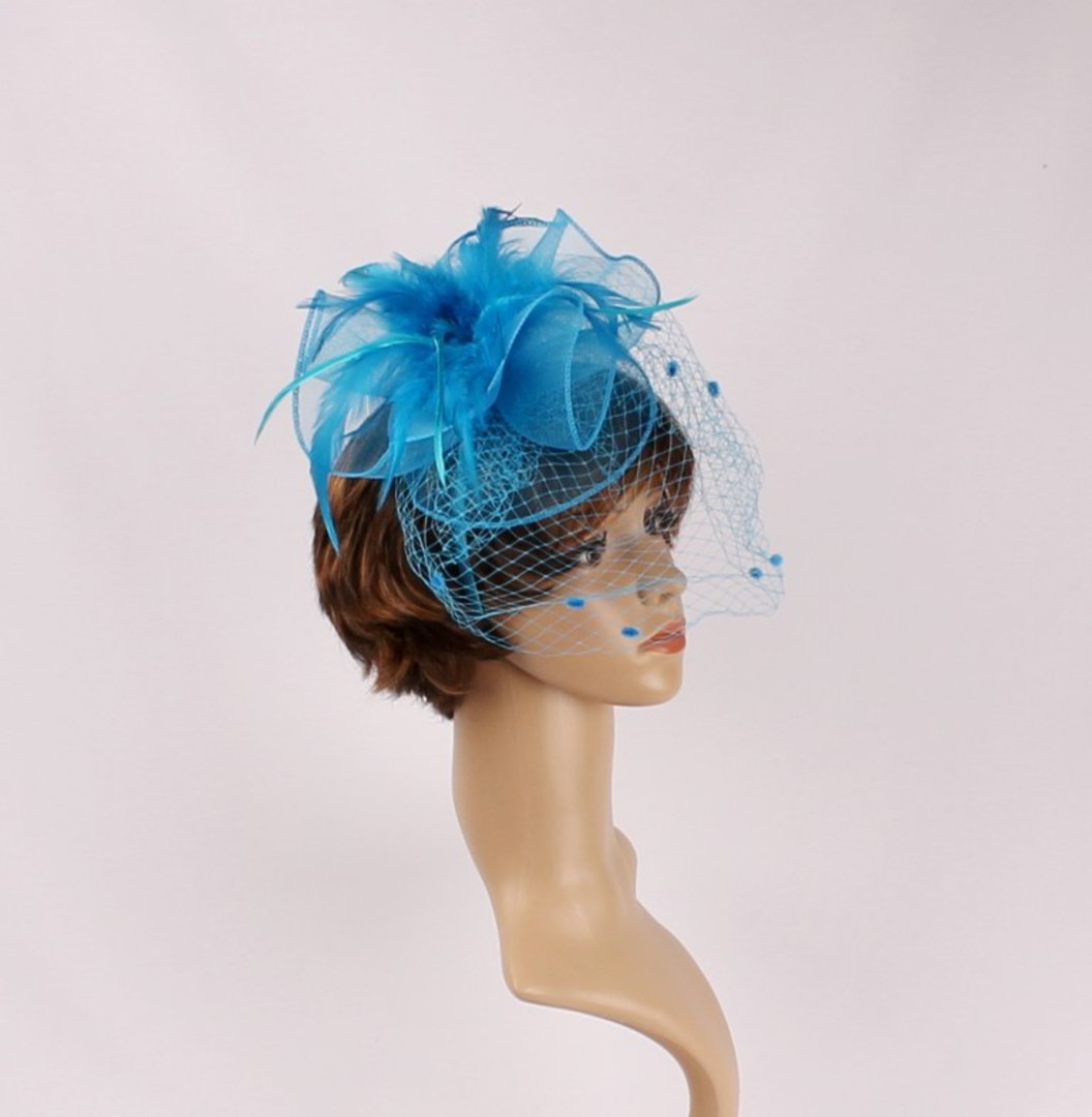  Head band crin  fascinator w feathers and net turq STYLE: HS/4675 /TURQ image 0